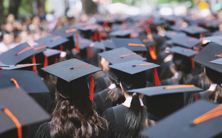 backside graduation hats during commencement success graduates of the university, Concept education congratulation. Graduation Ceremony ,Congratulated the graduates in University during commencement.