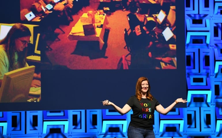 BURLINGAME, CALIFORNIA - AUGUST 10: Robin Hunicke, cofounder of Funomena, presents at the Roblox Developer Conference on August 10, 2019 in Burlingame, California.