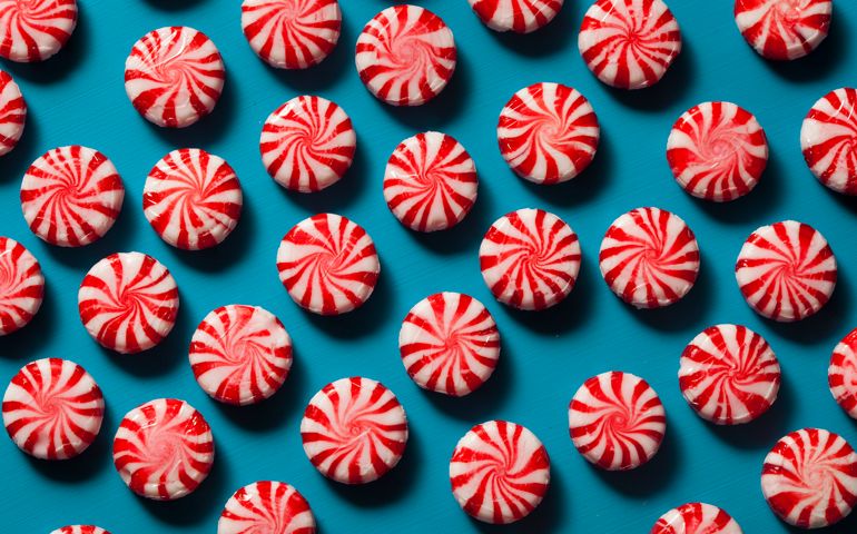 Sweet Red and White Peppermint Candy in a Bowl