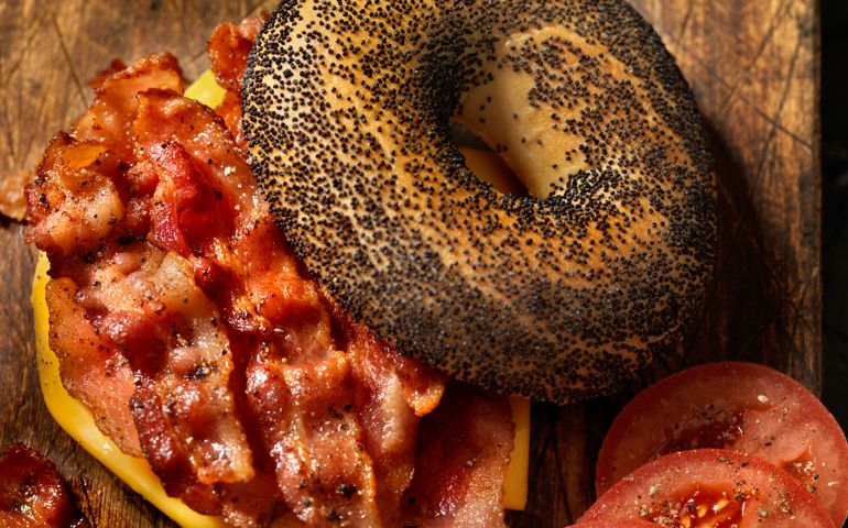 Poppyseed Bagel Sandwich with Bacon, Cheese and Tomatoes - Photographed on Hasselblad H3D2-39mb Camera