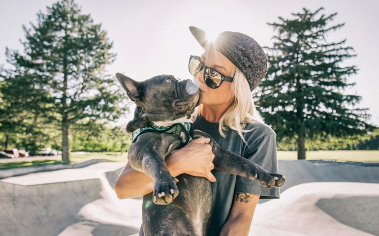 Maja Keefer is a professional snowboarder. Her dog "Steve" is a french Bulldog. Photographed with a Nikon d810 and 24-70mm F:2.8 lens. Slight detail extraction and mild vignette added in post production Supplemental lighting done with Profoto 7b 1200 and Elinchrom Mini Octabank
