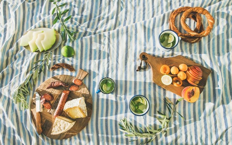 Picnic set with fruit, cheese, toast, honey, wine with a wicker basket and a blanket. Beautiful summer background with girl and products on nature