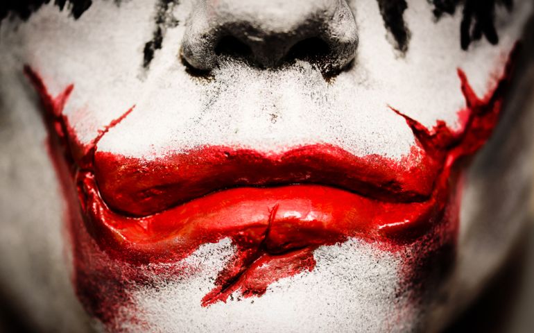 A 1/1 scale life size face cast of the late actor Heath Ledger as his character 'The Joker' in the 2008 Batman movie 'The Dark Knight'.