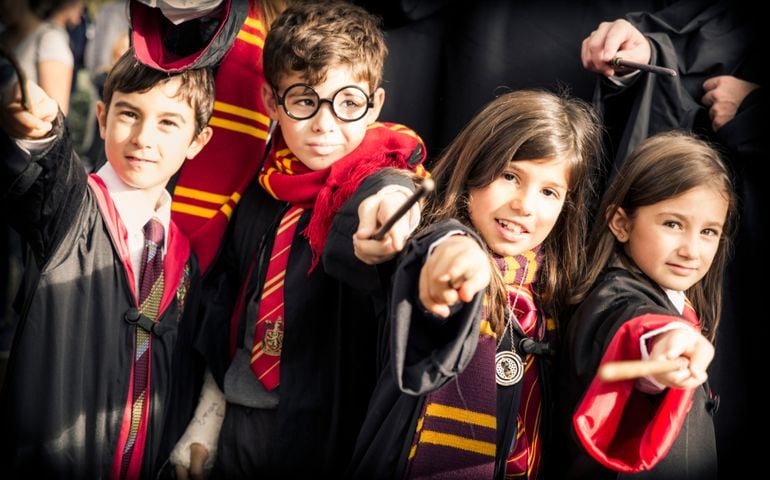 Children disguised as Harry Potter during the carnival organized in the city of Lucca in Italy