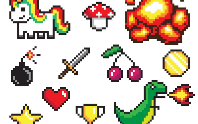 Collection of pixel objects used in games, heart and star, coin and sword, bomb and explosion, dinosaur and unicorn vector illustration
