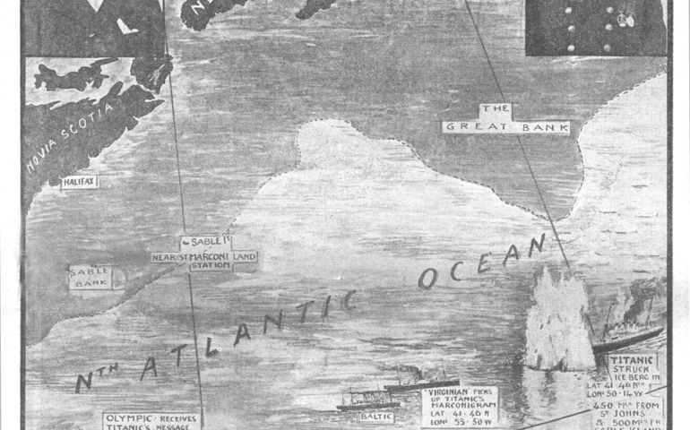 How the Titanic met with Disaster on her Maiden Voyage', April 20, 1912. Map of the North Atlantic Ocean, with portraits of William Pirrie, chairman of Harland and Wolff who built the 'Titanic' but missed sailing due to illness; the captain, Edward Smith, who went down with the ship; illustrations of the 'Titanic' hitting the iceberg, and the ships that picked up her distress signals. The White Star Line ship RMS 'Titanic' struck an iceberg in thick fog off Newfoundland on 14 April 1912. She was the largest and most luxurious ocean liner of her time, and claimed by Pirrie to be unsinkable. In the collision, five of her watertight compartments were compromised and she sank. Out of the 2228 people on board, only 705 survived. A major cause of the loss of life was the insufficient number of lifeboats she carried. Page 2 from "Titanic In Memoriam Number", a special supplement in "The Daily Graphic" newspaper issued following the sinking of the 'Titanic' on 15 April 1912, published on 20 April 1912. Artist Unknown.