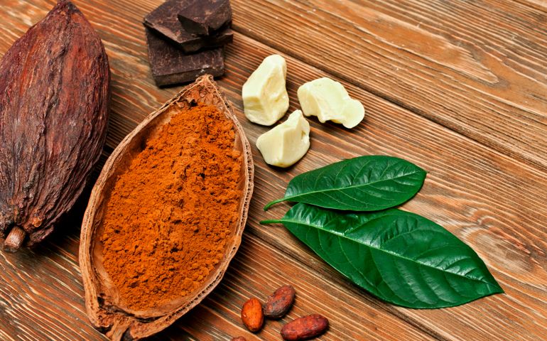 Cocoa pods with green leaves, chopped chocolate bar, cocoa butter, cacao powder, heaps of cocoa beans and cocoa nibs on wooden background. Top view.