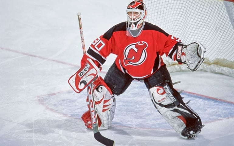 Martin Brodeur #30, Goalkeeper for the New Jersey Devils tending goal during the NHL Eastern Conference Atlantic Division game against the Minnesota Wild on 21st January 2001 at the Xcel Energy Center Arena in St Paul, Minnesota, United States. The Devils won the game 4 - 2.