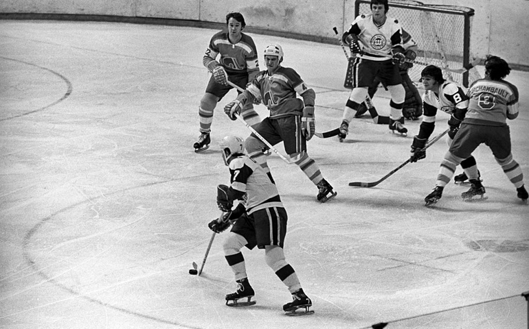 Bruins hockey action, Boston Garden, Boston, Massachusetts, 1971.