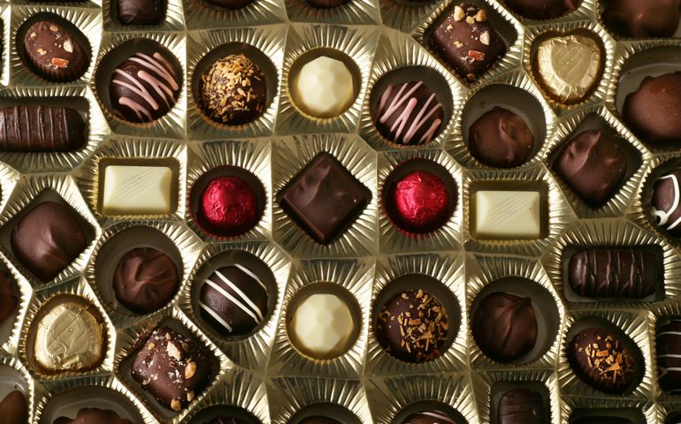 Assorted chocolate in a box.