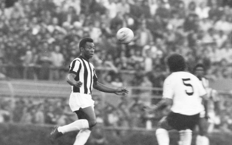 Brazilian footballer Pele (Edson Arantes do Nascimento) in action.