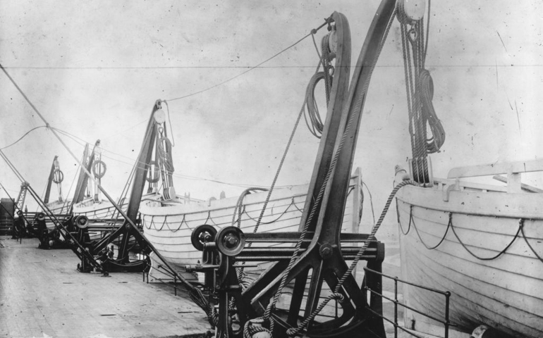 Lifeboats on board the SS Titanic. When the liner sank in the Atlantic after hitting an iceberg there were only enough lifeboats on board to hold a third of the passengers and crew.