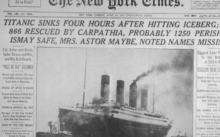 16th April 1912: Front page of The New York Times newspaper with headlines announcing the sinking of the 'Titanic' ocean liner, dated Tuesday.