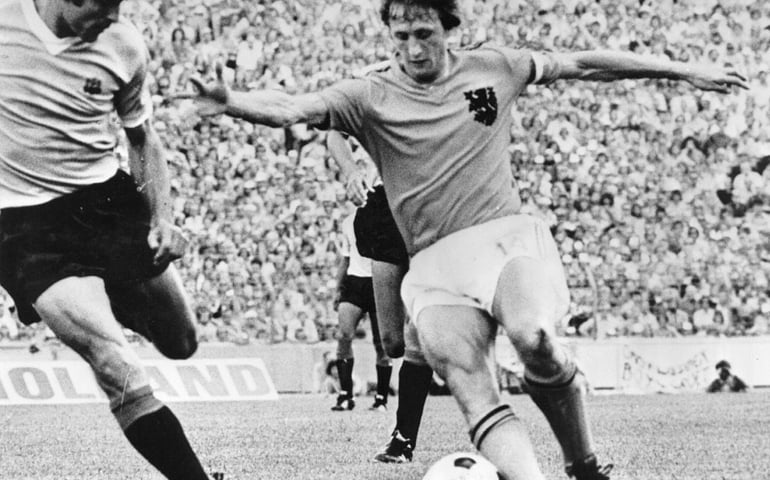 19th July 1974: Johan Cruyff, Dutch footballer, in action against Uruguay.