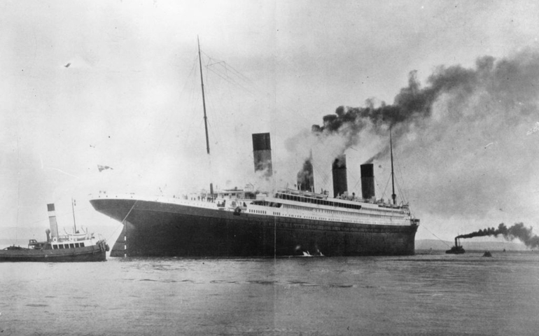 circa 1912: The ?1,500,000 luxury White Star liner 'Titanic', which sank on its maiden voyage to America in 1912, seen here on trials in Belfast Lough.