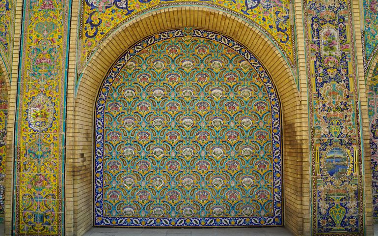 Beautiful ceramic tile wall of Golestan Palace,Tehran,Iran. The old, world heritage Golestan Palace was rebuilt to its current form in 1865.