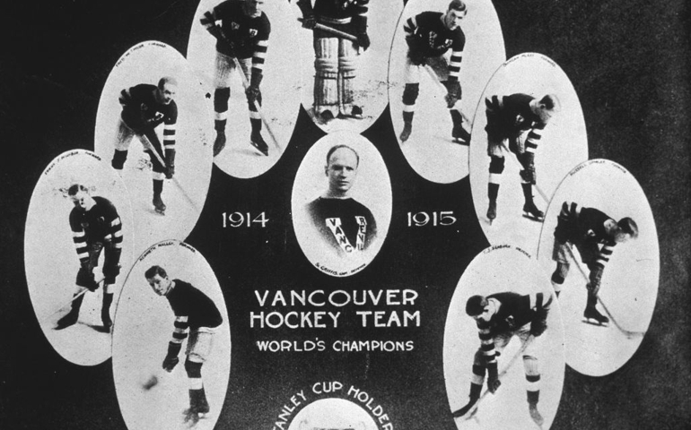 Individual team portraits of members of the 1914-1915 Stanley Cup-winning Vancouver Millionaires hockey team, 1915. Clustered around a portrait of team captain Si Griffiths are, clockwise from lower left, Kenneth Mallin, Frank Nighbor, Fred Taylor, Frank Patrick, Hugh Lehman, Lloyd Cook, Duncan McKay, Russell Stanley, and Jim Seaborn. (