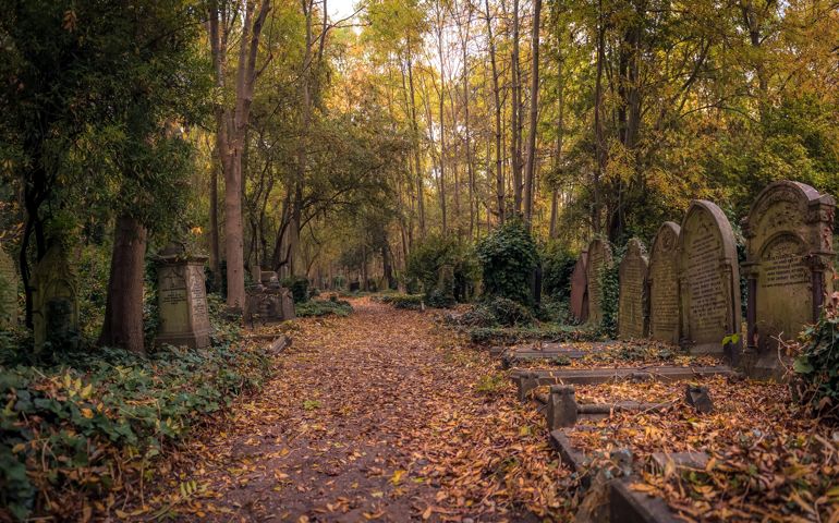 Panoramic shot of the path between tombstones at the Highgate Cemetery, London