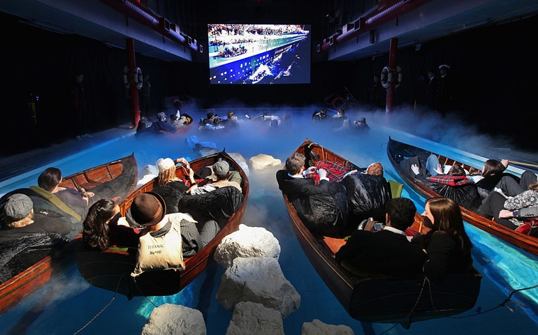 People in Victorian costume sit in row boats as they watch a special Sky+HD screening of the film "Titanic" at Golden Lane swimming pool, Barbican on February 17, 2009 in London, England. Sky+HD marks the 2009 Oscar season with a showing of "Titanic" on Sky Movies Drama HD throughout February, transforming the Golden Lane swimming pool in London back to the high seas of 1912.