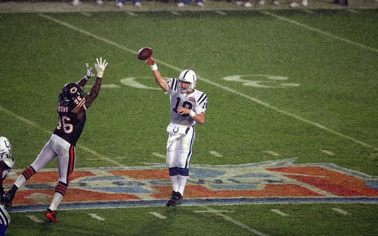 UNITED STATES - FEBRUARY 04: Peyton Manning of the Indianapolis Colts, No. 18, throws a pass during the second half of Super Bowl XLI against the Chicago Bears, Sunday, Feb. 4, 2007, at Dolphin Stadium in Miami Gardens, Florida.