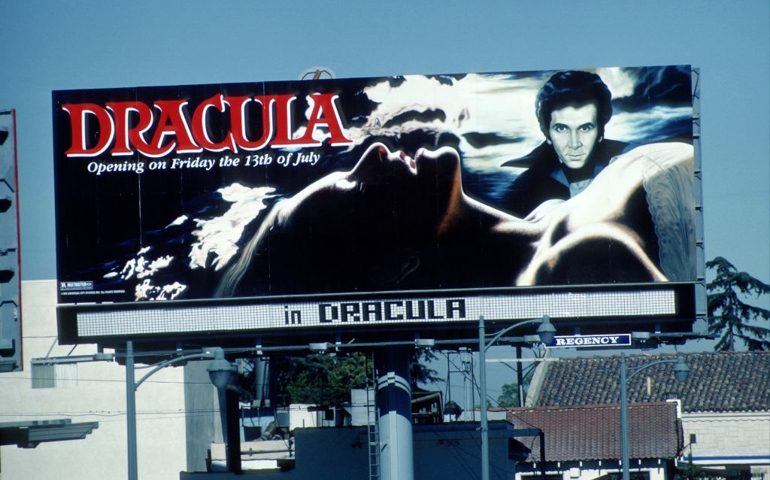 LOS ANGELES - 1979: Hand Painted Billboard for the film Dracula starring Frank Langella in 1979 in Los Angeles.