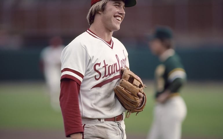 PALO ALTO, CA - APRIL 1981: Future NFL quarterback John Elway of Stanford University during an NCAA baseball game in April 1981 at Sunken Diamond stadium in Palo Alto, California.