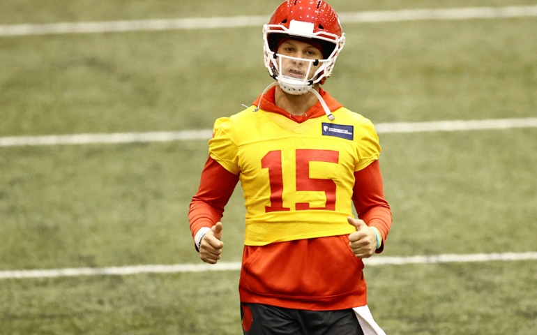 Feb 4, 2021; Kansas City, MO, USA; Kansas City Chiefs quarterback Patrick Mahomes during practice as they prepare for Super Bowl LV against the Tampa Bay Buccaneers