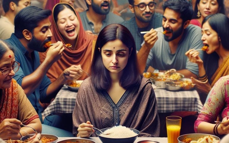 Someone in a big group at a restaurant not eating food and looks unhappy