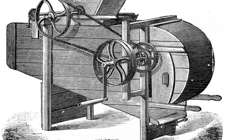 Machine crushing and winnowing cocoa, vintage engraved illustration. Industrial encyclopedia E.-O. Lami - 1875.