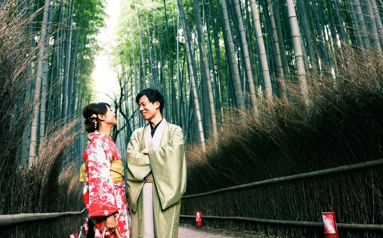 Japanese couple are wearing the Japanese traditional kimono