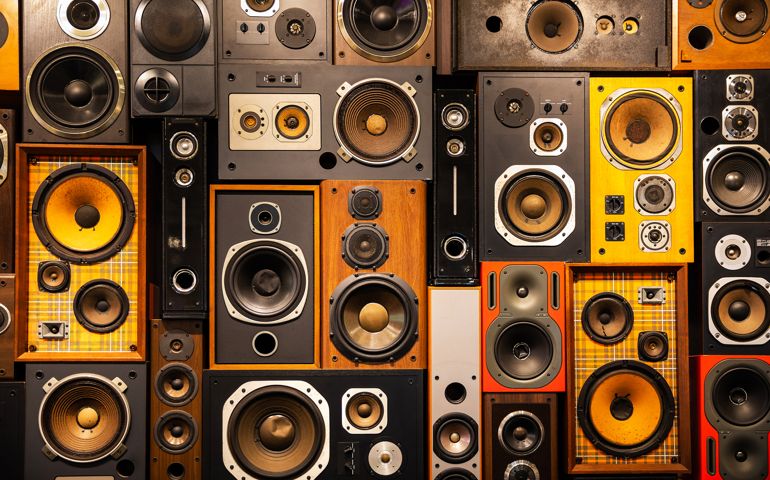 Wall of retro vintage style Music sound speakers