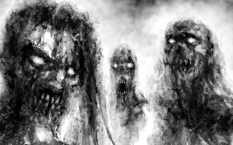 Scary demonic zombies with glowing eyes. Illustration in horror fantasy genre with grainy appearance effect. Black and white background.