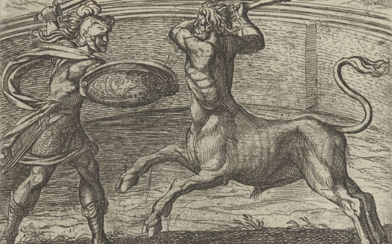 Theseus and the Minotaur (Minotaurum Theseus vincit), from The Metamorphoses of Ovid (Metamorphosean Sive Transformationum), plate 74, Published after 1606. Artist Antonio Tempesta.