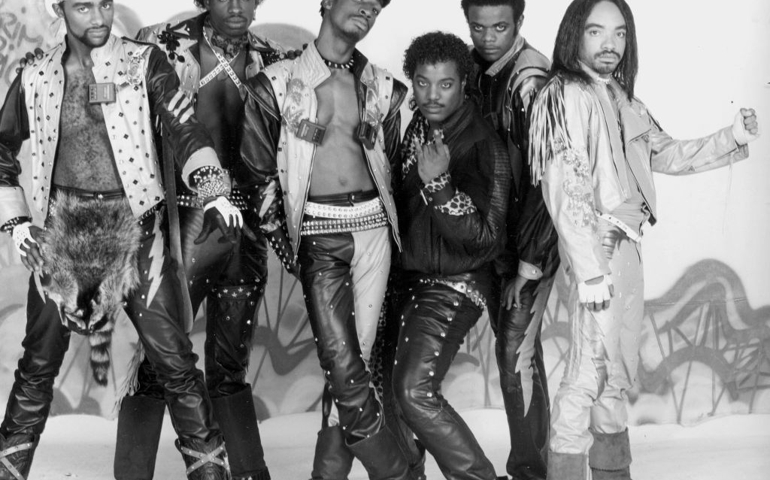 Portriat of hip hop group Grandmaster Flash &amp; the Furious Five, 1984. Pictured are, from left, Raheim (born Guy Williams), Kidd Creole (born Nathaniel Glover), Grandmaster Flash (born Joseph Saddler), Cowboy (born Robert Keith Wiggins), Scorpio (born Eddie Morris), and Melle Mel (right)