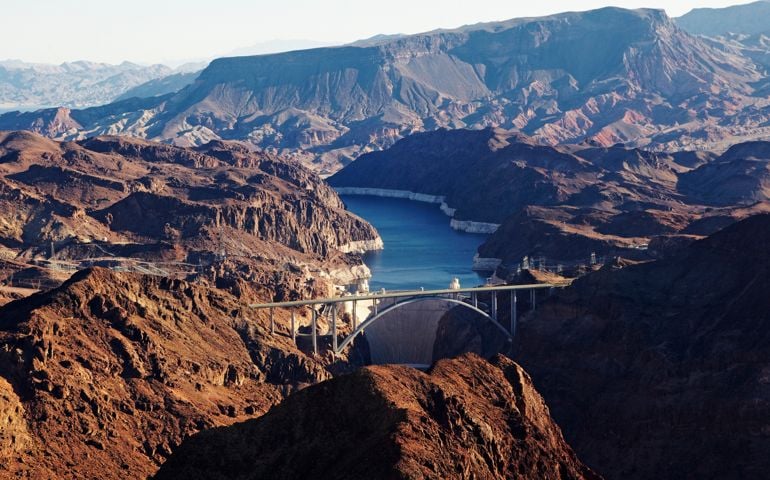 Aerial view of the Hoover Dam Bypass and Hoover Dam
