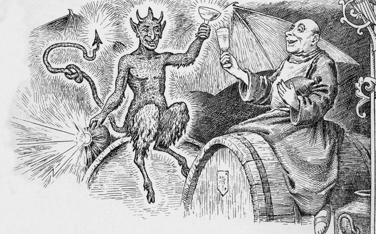The devil and the merry monk. A vintage engraving of a drunk monk and the devil. Engraving from 1880s photo by D Walker