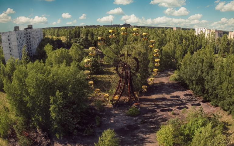 Aerial photo of abandoned town of Pripyat in Chernobyl with the amusement park which never opened.