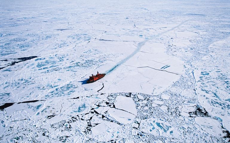 Russian nuclear icebreaker clearing path to North Pole, aerial view
