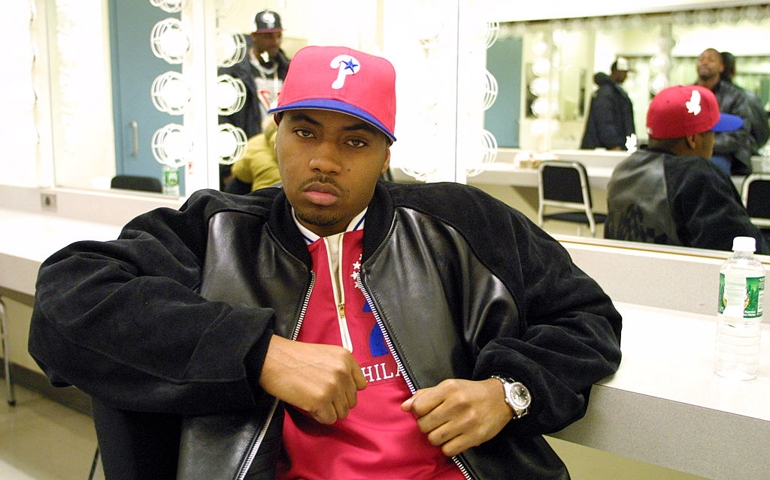 Nas backstage during at the first annual Hip-Hop Youth Summit to honor Martin Luther King, Jr. and launch several programs for youth at York College in Queens, New York. 1/21/02