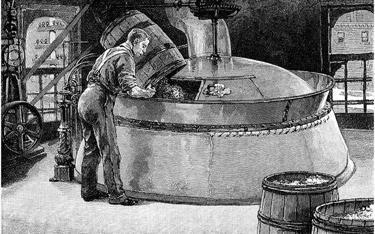 Adding hops to boiling beer in an American brewery, 1885. Wood engraving. (