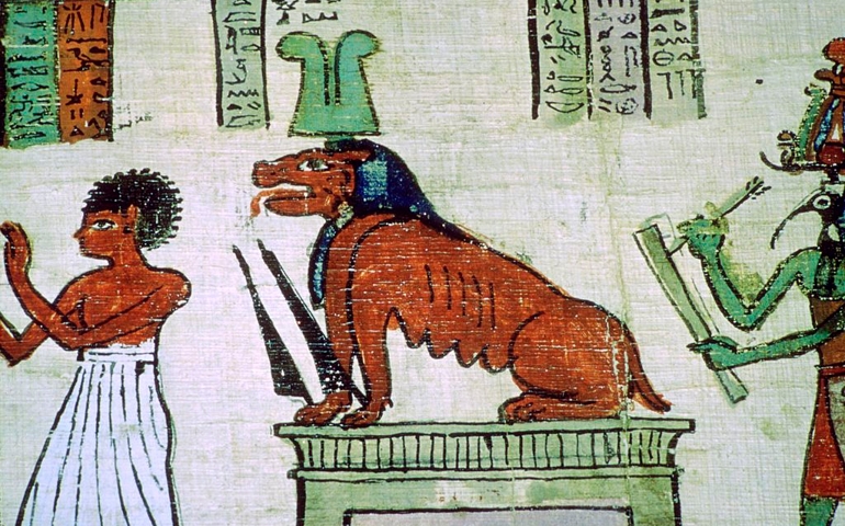 Image of the Egyptian deity Ammit at the weighing of the heart, from the papyrus of Keb 'Asher (a Book of the Dead), from the British Museum's collection.