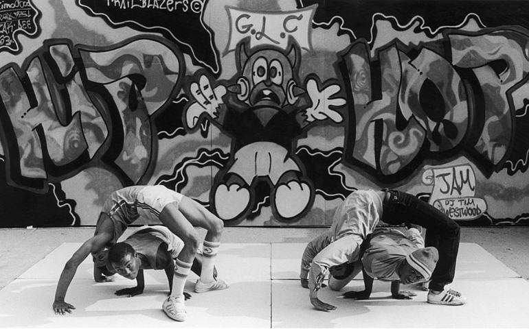 Hip hop dancers performing during the GLC Hip Hop Jam, a break dance festival organised by the Greater London Council (GLC) at the Southbank Centre, London, 9th September 1984.