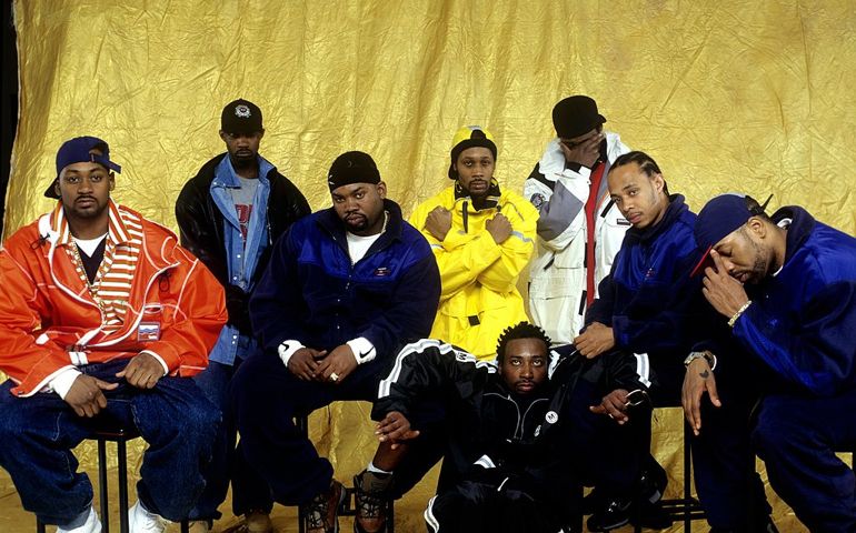 NEW YORK - APRIL 1997: American rap group Wu-Tang Clan (L - R) Ghostface Killah, Masta Killa, Raekwon, RZA, Ol' Dirty Bastard GZA, U-God and Method Man pose for a April 1997 portrait in New York City, New York.
