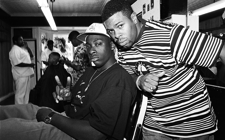 MT. VERNON, NY - JULY 1992: American rappers Pete Rock and C.L. Smooth pose for a portrait in July 1992 at a barber shop in Mount Vernon, New York. Pete Rock (born Peter Phillips) on left, C.L. Smooth (born Corey Penn) on right.