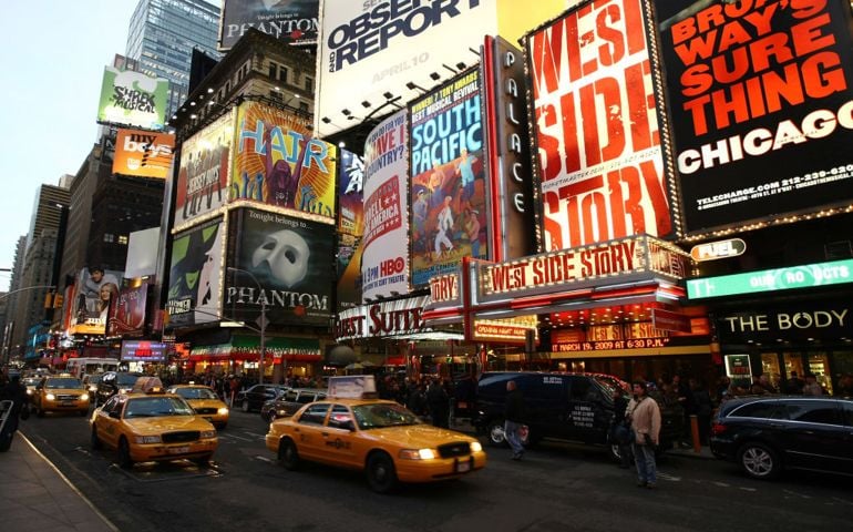 NEW YORK - MARCH 19: A exterior view of the Palace Theatre at the opening night of "West Side Story" on Broadway at the Palace Theatre on March 19, 2009 in New York City.