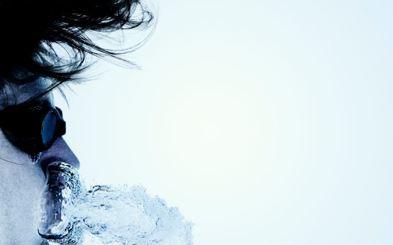 face underwater sneezing bubbles goggles, diving, blue