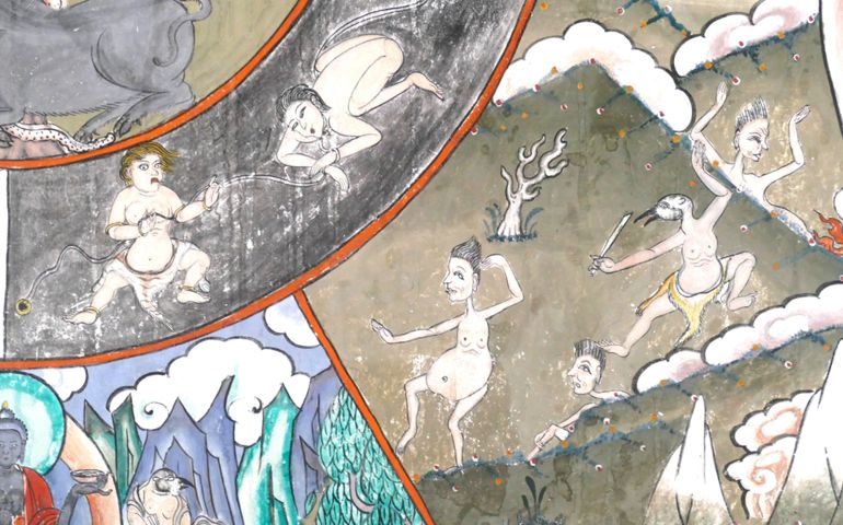 Preta hungry ghosts on circle of life mandala, Trongsa Dzong fortress, Trongsa, Bhutan