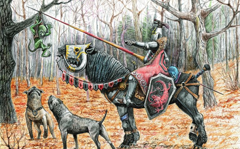 Fantasy rider with dogs and a small goblin