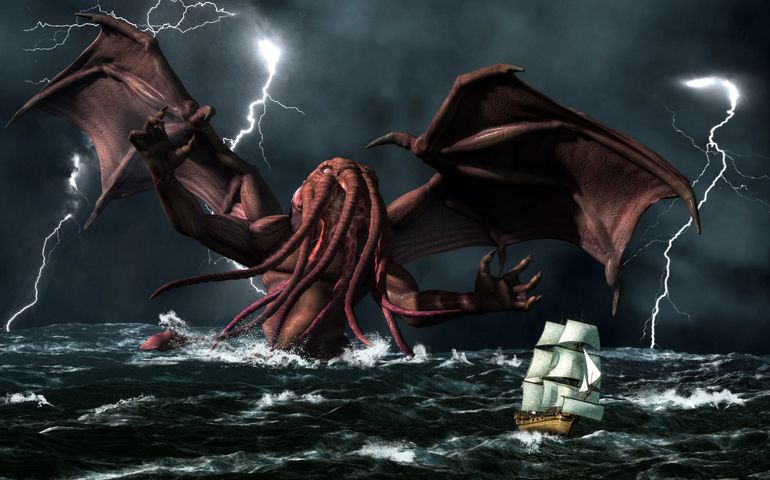 The demonic god, Cthulhu, from a forgotten age rises from a stormy sea to terrorize a passing ship