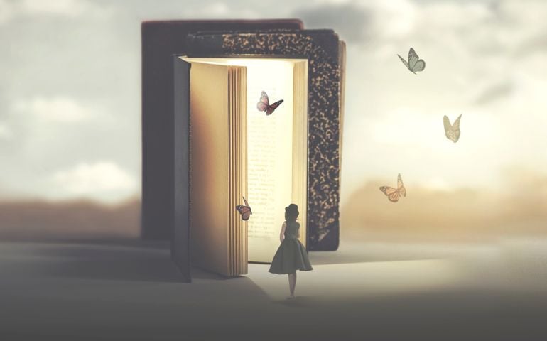 poetic encounter between a woman and butterflies coming out of a book